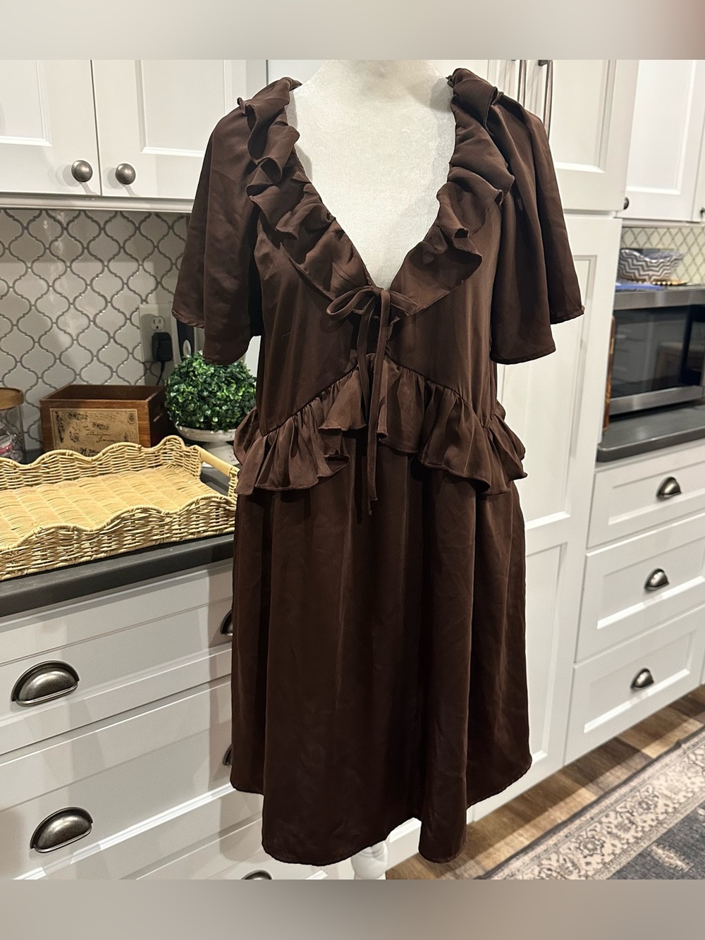 Old Navy Satin Ruffle Mini Dress Chocolate Brown S Boho Cottage Cowgirl Western